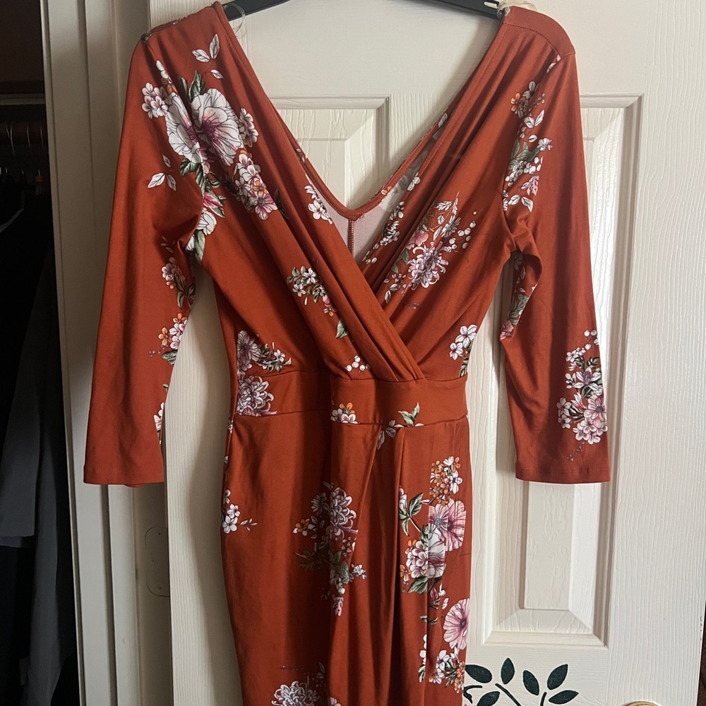 iris Rust Floral Wrap Midi Dress